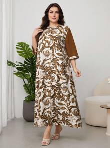 Lacomfia Plus Size Women's Casual Vintage Floral Print Loose 3/4 Sleeve Maxi Dress, Vacation Style - Khaki - View 4