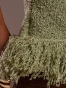 MUSERA 斜领针织流苏下摆修身上衣，适合度假、性感、海滩、浪漫、优雅场合、生日、波西米亚风、工作、冬季、派对、时尚、春季、夏季穿着。 - 橄欖綠 - 查看 6