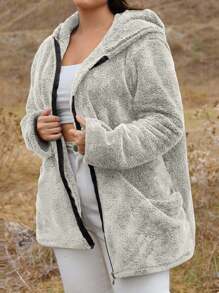 EURMUSE 休闲纯黑色泰迪毛皮拉链连帽夹克