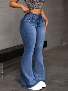 SHEIN Tall Women's Pocket Button Casual Versatile Daily Wear Flared Jeans - Khaki - View 3