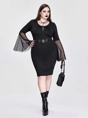 Goth Back To School Gothic Cross Decor Deep V-Neck Lace Patchwork Backless Tie-Up Mesh Dress For Plus Size Women