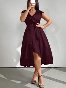 SHEIN Clasi Vestido de fiesta con cuello en V y ribete de unicolor talla grande, estilo outfit para mujer - Burdeos - Ver 1