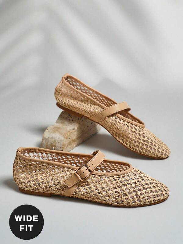 SHUZIA Women's Wide-Fit Comfortable Raffia Mary Jane Ballet Flats