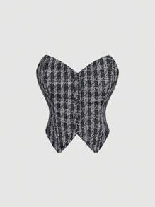 SHEIN MOD Women's Black & White Plaid Asymmetric Hem Fitted Bustier Top,Autumn,Fall Women Clothes,Back To School Clothes,Office Wear Women,Old Money Style Women,Business Professional Women,Y2k Clothes