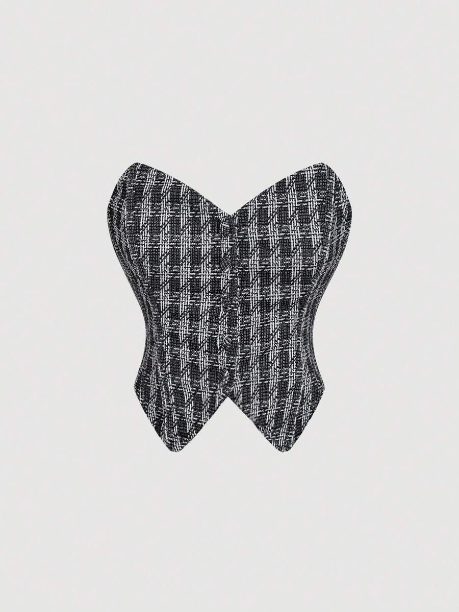 SHEIN MOD Women's Black & White Plaid Asymmetric Hem Fitted Bustier Top,Autumn,Fall Women Clothes,Back To School Clothes,Office Wear Women,Old Money Style Women,Business Professional Women,Y2k Clothes