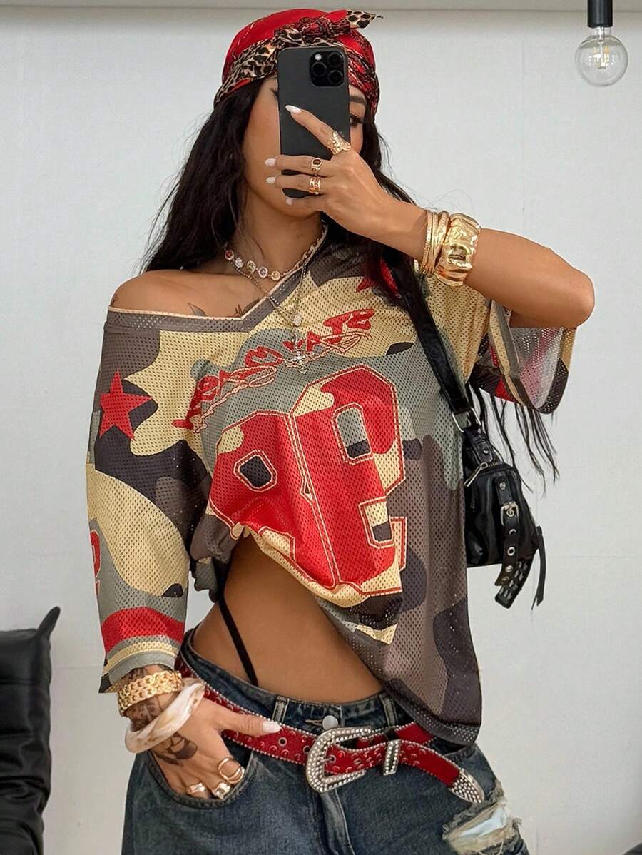 Coolane Áo thun nữ tay ngắn cổ chữ V in chữ rộng rãi mùa hè - xanh quân đội - Xem 1