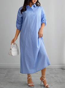 EURMUSE Đầm nữ cổ polo tay ngắn kẻ sọc thanh lịch có viền xếp ly cho mùa xuân cỡ lớn - Màu xanh lam - Xem 4