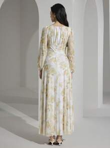 Modelyn 女士花卉印花褶饰圆领灯笼袖优雅中长连衣裙