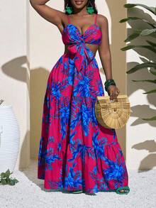 Slaydiva Slaydiva 2025 New Arrivals Summer Vacation Sexy Backless Tie Strap Floral Print Maxi Dress With Oversized Skirt Curve Maxi Dress Curve Summer Dress Curve Sundress Plus Vacation Dress Tropical Print Maxi Dress