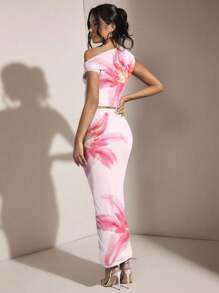 SHEIN BAE Floral Print Casual Asymmetric Shoulder Ruched Fitted Top And Bodycon Mini Skirt Set, Suitable For Summer Suitable For Going Out - Baby Pink - View 2