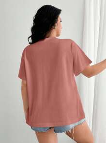 EURMUSE Plus Size 100% Cotton T-Shirt With Floral Embroidery, Crew Neck And Pocket Detail - Pink - View 2
