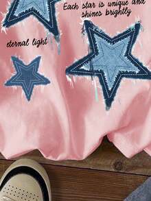 SHEIN Leap Crew ModeFlare Wear Tween Girl Casual Simple Pentagram Pattern Short Sleeves T-Shirt, Suitable For Summer - Pink - View 5