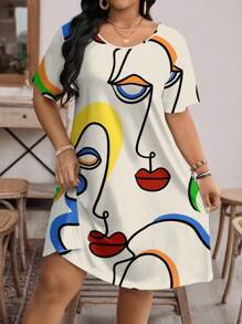 SHEIN LUNE Vestido casual de manga corta cuello redondo con estampado de retrato abstracto, talla grande, verano