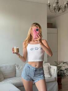 CovetEZ Quần short denim họa tiết sao và sọc thời trang dành cho nữ, mùa hè - Màu xanh lam - Xem 2