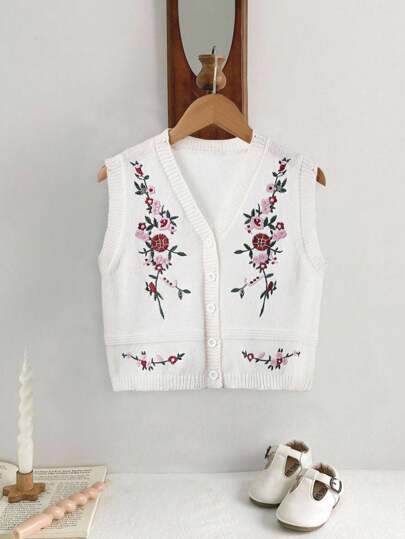 SHEIN 女童刺绣针织V领背心，适合居家、旅行、社交聚会、返校