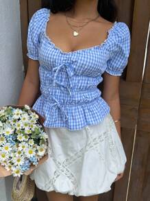 Sunnyshic Camiseta a cuadros casual para mujer, cintura ceñida ceñuda, decoración con lazo