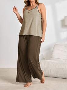 Knitted Casual Contrast Color Pajama Set (Top And Pants) - Apricot - View 7