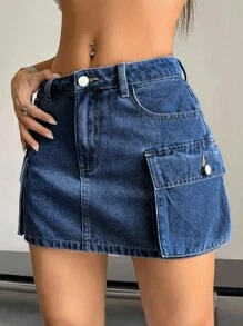 SHEIN ICON Women's Summer Solid Color Cargo Denim Skirt - Medium Wash - View 9