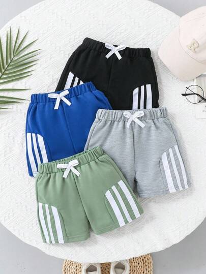 SHEIN Playful Pals 4 piezas de pantalones cortos deportivos de punto para niños pequeños, verde ejército, negro, azul marino, gris, aptos para actividades diarias al aire libre, escuela, vacaciones, estilo casual, adecuados para ocio familiar, deportes y atuendos de reunión, bebé y niño pequeño, verano
