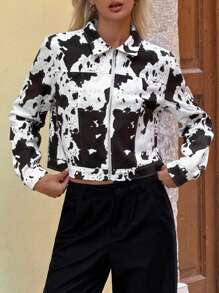 SHEIN ICON Fall/Winter Women's Western Boho Cow Print Zip Front Cropped Long Sleeve Jacket - Multicolor - View 16