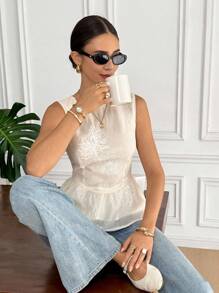 Serisse Áo hai dây thời trang cổ tròn viền bèo nhún họa tiết hoa jacquard dành cho nữ - Màu be - Xem 4