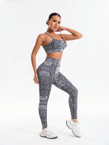 SHEIN Sports 2 件套蛇皮印花吊带背心和高腰塑身紧身裤运动服健身女士套装 - 黑與白 - 查看 6