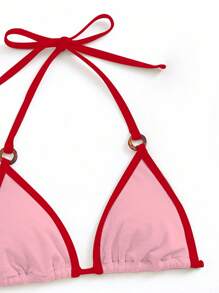 SHEIN Swim 女士夏季度假海滩撞色装饰吊带比基尼套装 - 粉色 - 查看 4