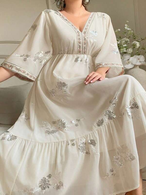 Dazy Plus Vestido de gasa con escote en V, estilo palaciego, recogido en la cintura, manga 3/4, efecto patchwork, elegante para el verano