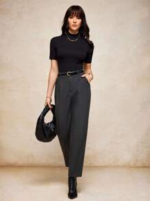 House of One 高腰弹力后背修身锥形长裤女秋季格纹裤休闲优雅女装正装裤女商务休闲裤女士休闲裤灰色正装裤格兰格子裤秋季女装旧款办公室服装女秋季服装商务职业女性商务休闲女装