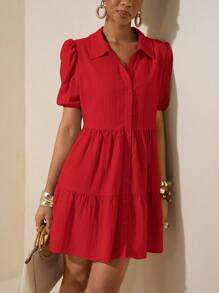 Zivah 2025新款度假卡其色荷叶边灯笼袖宽松连衣裙，夏季，太阳裙，纹理面料材质 - 紅色 - 查看 8