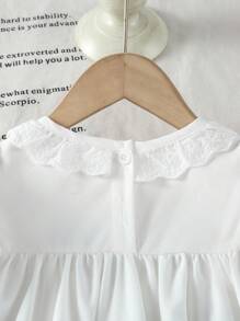 女童纯色圆领刺绣荷叶边泡泡袖修身连衣裙，女童秋季服装 - 白色 - 查看 5