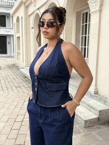 Jeanoix Plus Size Women Casual Sleeveless Tie Front Jacket - Dark Wash - View 5