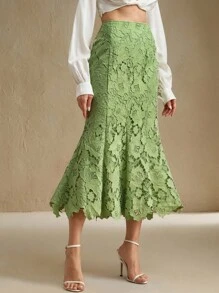 Anewsta 女士时尚优雅拼接设计重磅蕾丝镂空鱼尾裙 - 綠色 - 查看 6