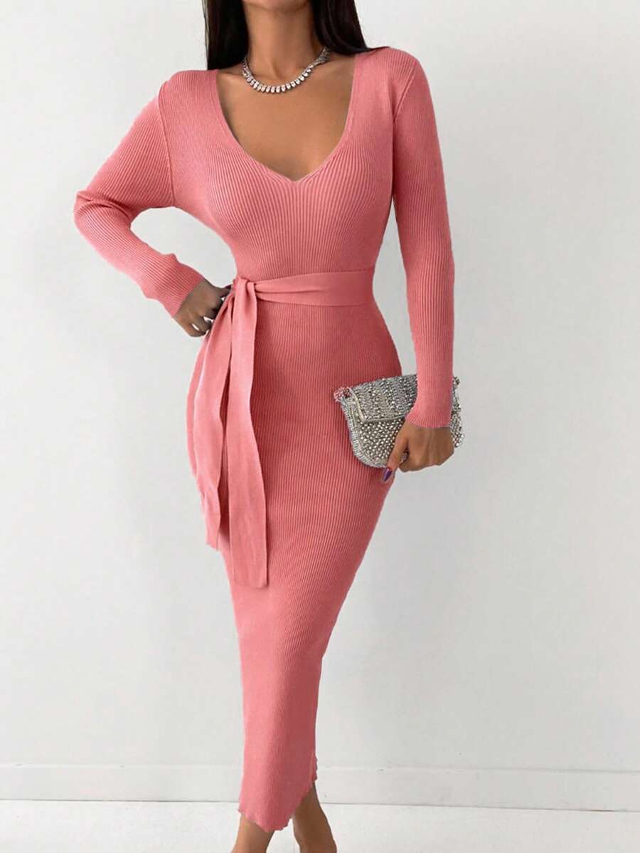EURMUSE Women's Autumn Simple Solid Color Keyhole Neck Bodycon Belted Sweater Dress