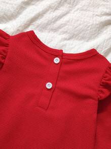 SHEIN Baby Mädchen 2 Stücke Set: Rotes Langarm-Top mit Rundhalsausschnitt und Waffel-Optik, kombiniert mit Denim-Hose mit blauem Kirsch-Muster, modischer pastoraler Stil, geeignet für Fotoshootings, Picknicks, den Alltag, Frühling und Herbst