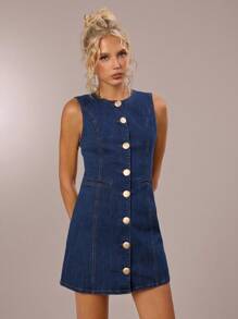 SHEIN Forever 21 Robe en jean bleu avec boutons métalliques pour femme, appropriée pour le bal de promo, les occasions formelles, la plage, les vacances, le style mignon, le style western, les tenues de travail décontractées, les élégantes, les anniversaires, les sorties, les clubs, le bureau, les festivals, les raves, le travail, le style classique, les concerts country, les brunchs, les croisières, le style "old money", les aéroports, les tenues modestes, les églises, le style "fairycore", le sexy, l'humoristique, l'hippie, les tea parties, le style Y2K, le streetwear, les années 2000, le disco, les vacances de printemps, les remises de diplômes, les invités de mariage, les cocktails, le style vintage, le moulant, le style resort - Jean brut - Voir 5