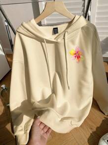 SHEIN EZwear 休闲简约热带水果印花连帽长袖宽松运动衫，适合女士秋冬 - 杏色 - 查看 6