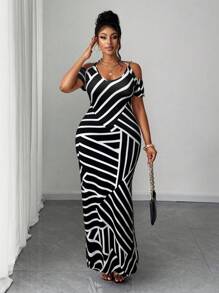 Maweii 大码女式休闲时尚黑白条纹紧身露肩连衣裙 - 彩色 - 查看 2
