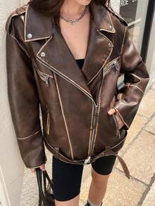Chiquease 女式复古做旧棕色 PU 皮革机车夹克，拉链开合，翻领，时尚休闲别致外套 - 棕色 - 查看 4