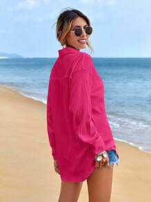 EURMUSE Camisa de manga larga holgada de unicolor con hombros caídos, estilo minimalista y casual de vacaciones para mujer - Rosa Fucsia - Ver 5