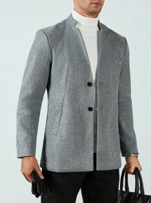 Manfinity Mode Men's Stand Collar Business Casual Wool Blend Coat, Mens Gray Jacket, Mens Formal Jacket, Mens Wool Jacket - Grey - View 1