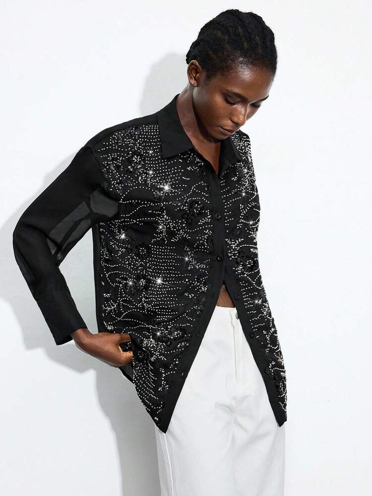 SHEIN Maija Camicia di moda a maniche lunghe con spalle scoperte, decorata con paillettes, camicia con paillettes, camicia con strass, camicia con cristalli, camicia decorata, camicia scintillante, top da uscire, autunno donna, concerto donna, appuntamento donna, aeroporto donna, Fairycore club donna, sexy autunno donna, autunno donna, compleanno donna, camicia con bottoni donna, Ognissanti donna, Ognissanti, autunno donna, Ognissanti donna