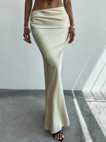 Firerie Women's Elegant Solid Satin Maxi Skirt,White Light Yellow Low-Waist Autumn Clothing,Versatile Minimalist Date & Work Attire,Beach,Party,Prom - Yellow - View 8