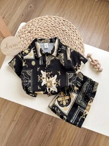 Bộ 2 áo sơ mi tay ngắn cổ họa tiết cho bé trai và quần short cạp chun - màu đen - Xem 5