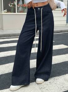 DAZY 女士系带口袋阔腿宽松休闲牛仔裤 - 藏蓝色 - 查看 1