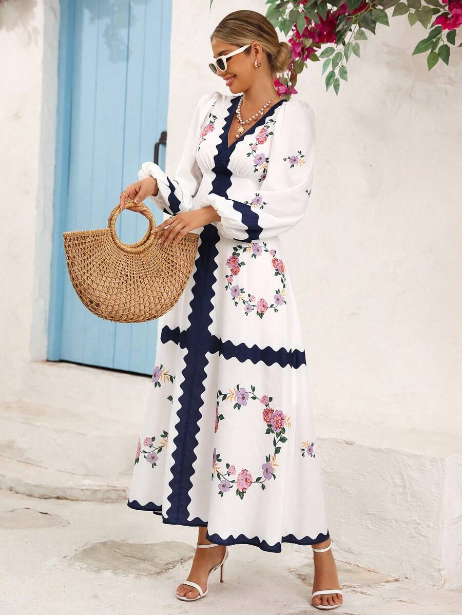 Vivid Eden 女式花卉印花V领撞色边长袖连衣裙 - 彩色 - 查看 1