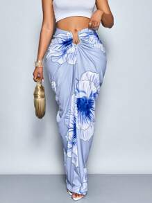 SOLERSUN Women's Elegant Tropical Print Pleated Hollow Out Fashion Metal Ring Buckle Niche Design Gathered Ruched Skirt - Blue - View 4