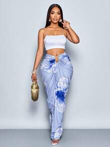SOLERSUN Women's Elegant Tropical Print Pleated Hollow Out Fashion Metal Ring Buckle Niche Design Gathered Ruched Skirt - Blue - View 5