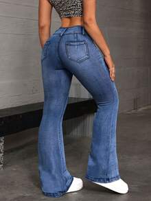 SHEIN Tall Women's Pocket Button Casual Versatile Daily Wear Flared Jeans - Khaki - View 6