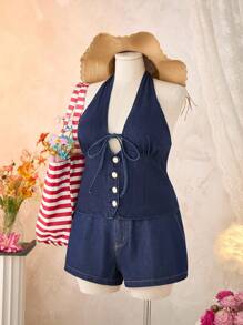 SHEIN MOD 大码女式休闲吊带牛仔上衣、女式外出上衣、度假、生日、露背上衣、可爱夏季上衣、早午餐、老钱风格女装、街头女装、外出、巡航、外出上衣、派对、生日、复古、前系带上衣、Y2k 上衣、女牛仔 - 淺色水洗藍 - 查看 4